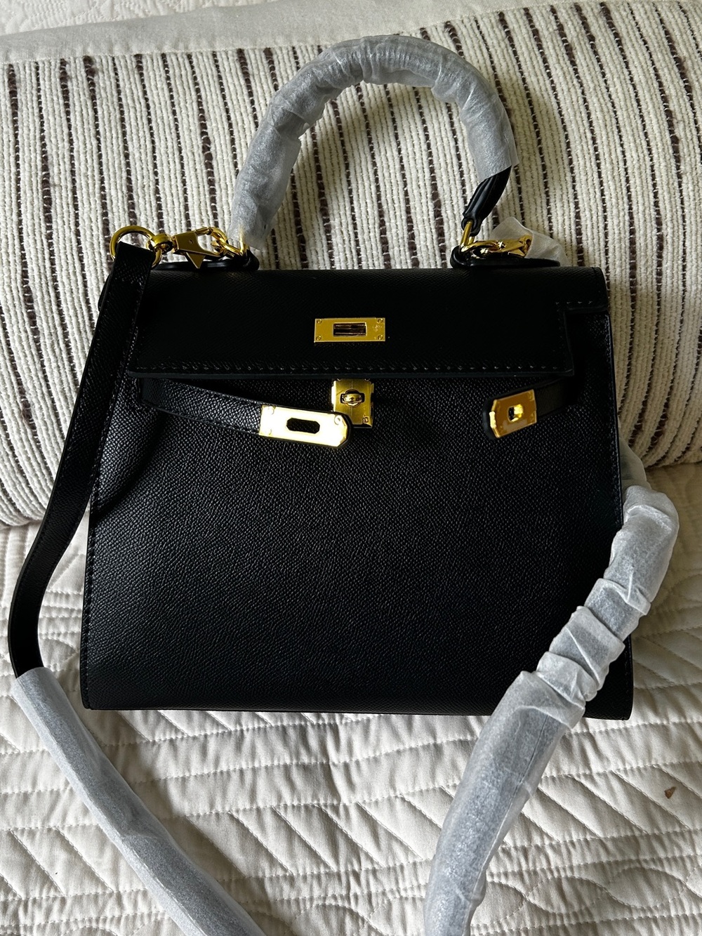 Classic Black Leather Satchel with Gold Hardware - Designer Style